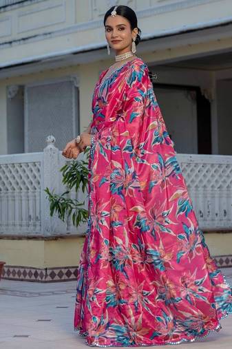 Pink colour ready to wear floral chinon saree with mirror border