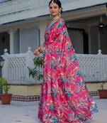 Pink colour ready to wear floral chinon saree with mirror border