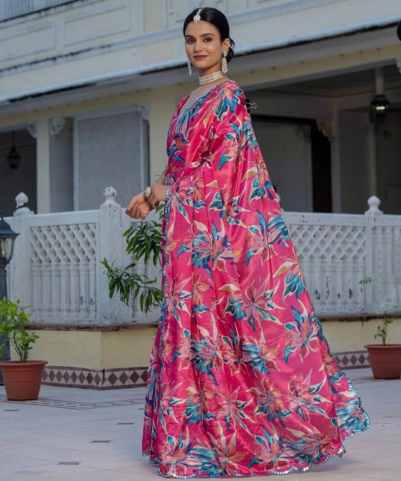 Pink colour ready to wear floral chinon saree with mirror border