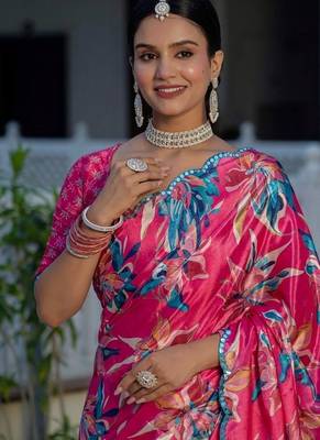 Pink colour ready to wear floral chinon saree with mirror border 2
