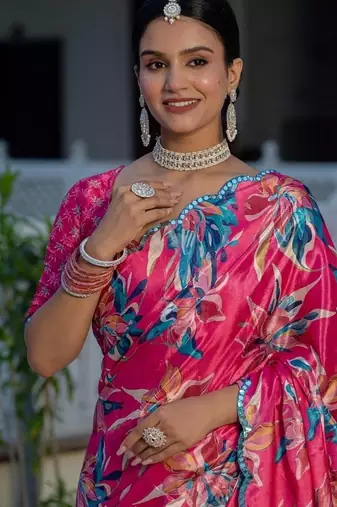 Pink colour ready to wear floral chinon saree with mirror border