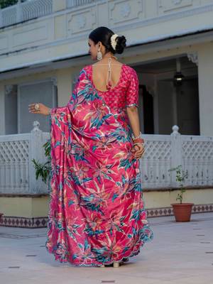 Pink colour ready to wear floral chinon saree with mirror border 3