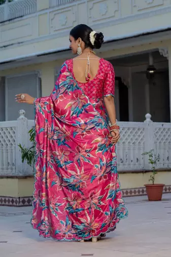 Pink colour ready to wear floral chinon saree with mirror border