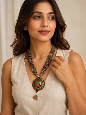 Multicolour multi-strand seed bead necklace with round tribal pendant, boho style 1