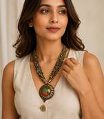 Multicolour multi-strand seed bead necklace with round tribal pendant, boho style