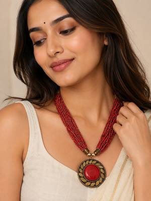 Red & gold multi-strand beaded necklace with round tribal pendant, boho ethnic style 1