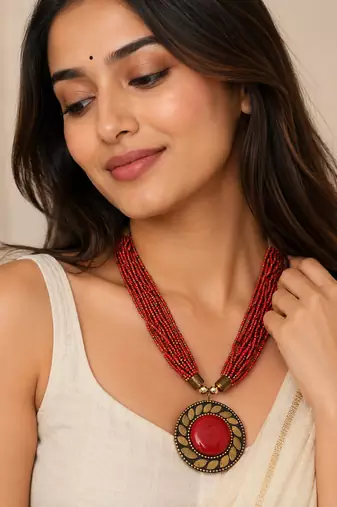 Red & gold multi-strand beaded necklace with round tribal pendant, boho ethnic style
