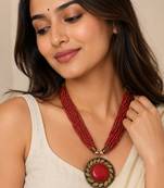 Red & gold multi-strand beaded necklace with round tribal pendant, boho ethnic style