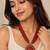 Red & gold multi-strand beaded necklace with round tribal pendant, boho ethnic style