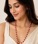 Red coral beaded necklace with freshwater pearls, gold-tone clasp, long strand