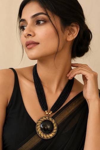 Black multi-strand beaded necklace with round gold leaf pendant, ethnic statement jewellery