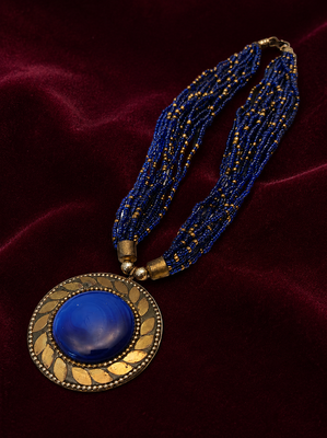 Blue & gold multi-strand beaded necklace with round medallion pendant, boho tribal style 1