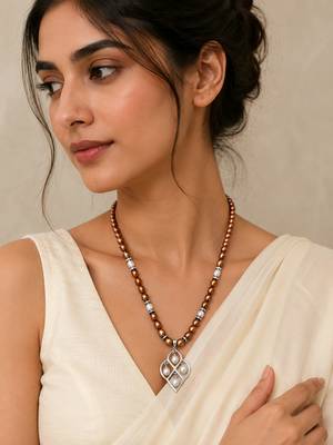Brown and white pearl beaded necklace with silver geometric pendant, rhinestone accents, magnetic clasp 1