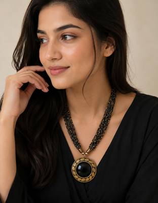 Black & gold multi-strand beaded necklace with round onyx pendant, boho statement jewellery for women 1