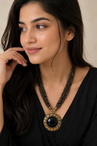 Black & gold multi-strand beaded necklace with round onyx pendant, boho statement jewellery for women