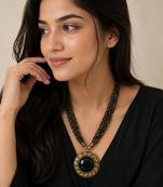 Black & gold multi-strand beaded necklace with round onyx pendant, boho statement jewellery for women