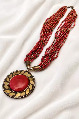 Red & gold multi-strand beaded necklace with round tribal pendant, boho ethnic style