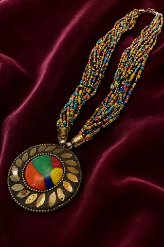Multicolour multi-strand seed bead necklace with round tribal pendant, boho style