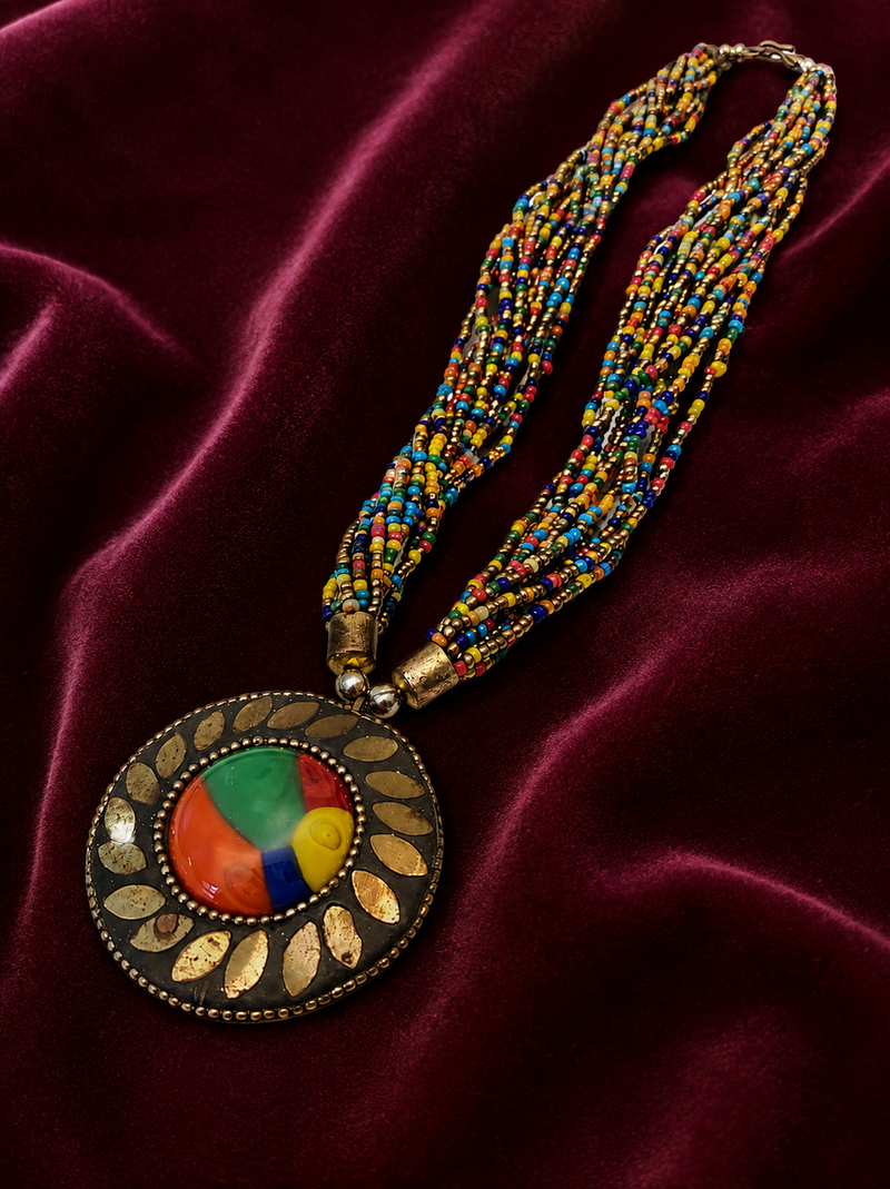 Multicolour multi-strand seed bead necklace with round tribal pendant, boho style