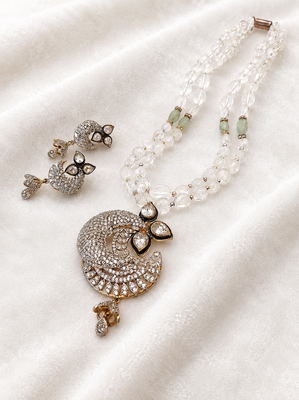Onyx bead double strand necklace set with kundan peacock pendant and earrings, gold-toned 2