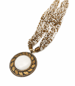 Multi-strand white and gold beaded necklace with round stone pendant, earrings set