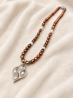 Brown and white pearl beaded necklace with silver geometric pendant, rhinestone accents, magnetic clasp 2