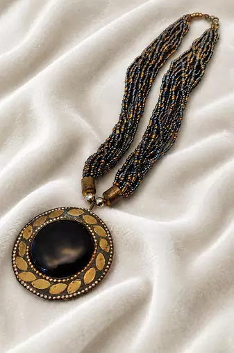 Black & gold multi-strand beaded necklace with round onyx pendant, boho statement jewellery for women