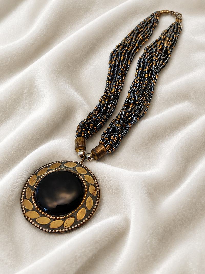 Black & gold multi-strand beaded necklace with round onyx pendant, boho statement jewellery for women