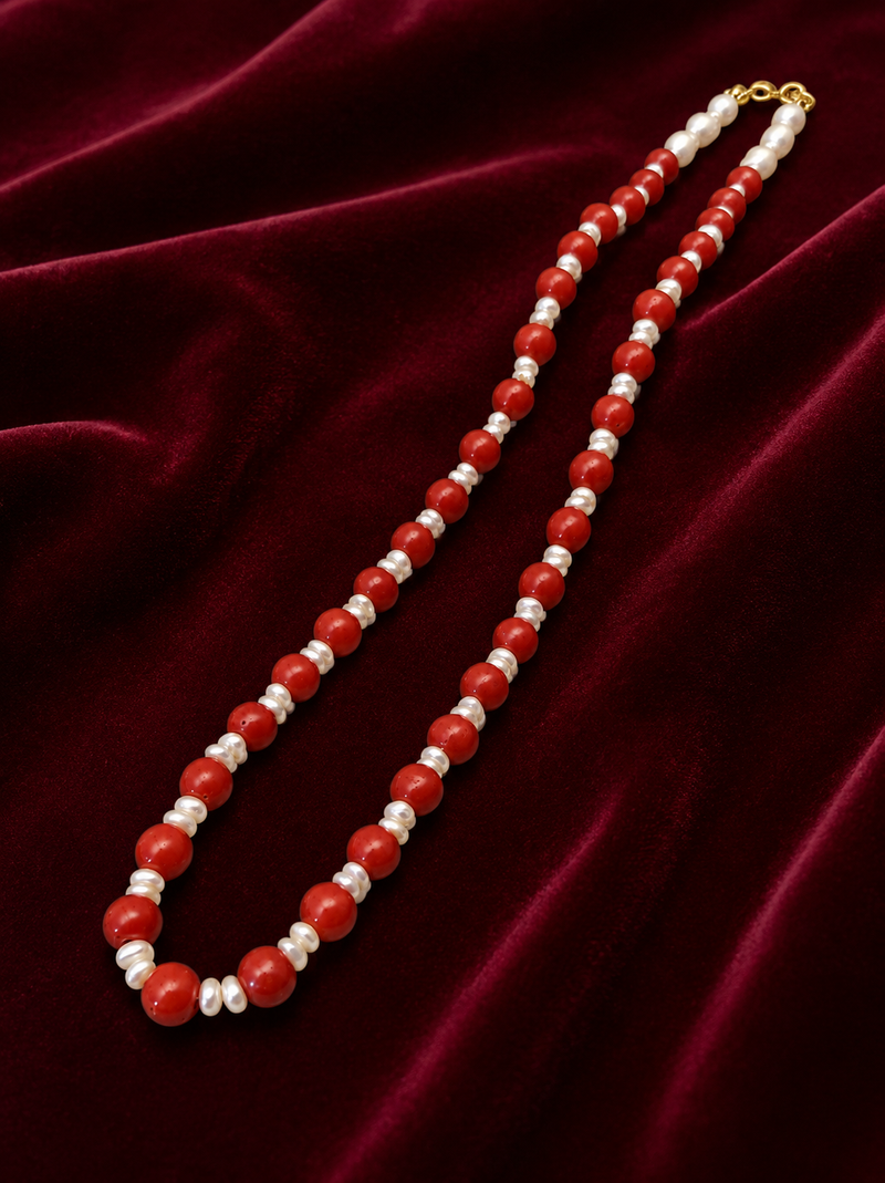 Red coral beaded necklace with freshwater pearls, gold-tone clasp, long strand