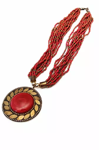 Red & gold multi-strand beaded necklace with round tribal pendant, boho ethnic style