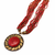 Red & gold multi-strand beaded necklace with round tribal pendant, boho ethnic style