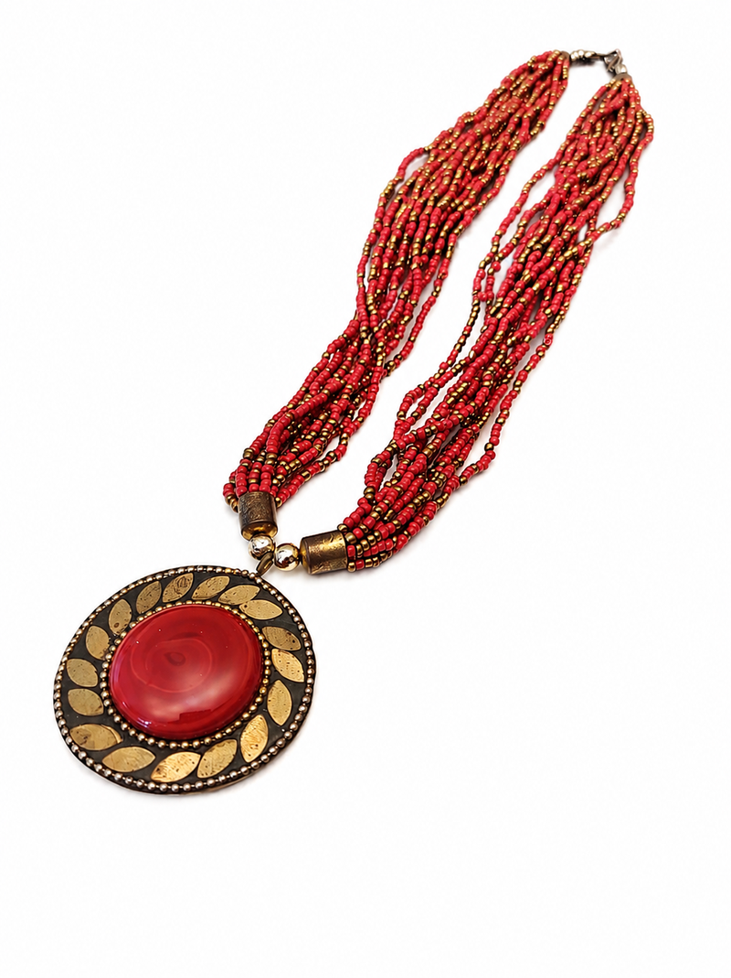 Red & gold multi-strand beaded necklace with round tribal pendant, boho ethnic style