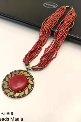 Red & gold multi-strand beaded necklace with round tribal pendant, boho ethnic style