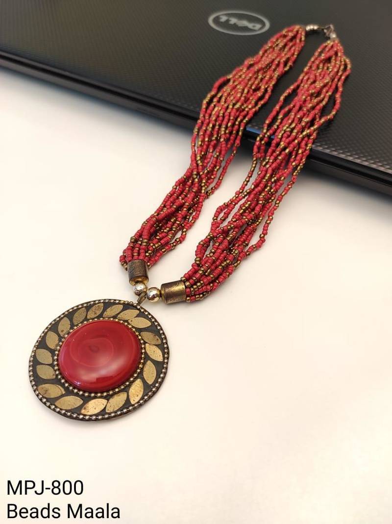 Red & gold multi-strand beaded necklace with round tribal pendant, boho ethnic style