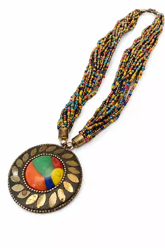 Multicolour multi-strand seed bead necklace with round tribal pendant, boho style