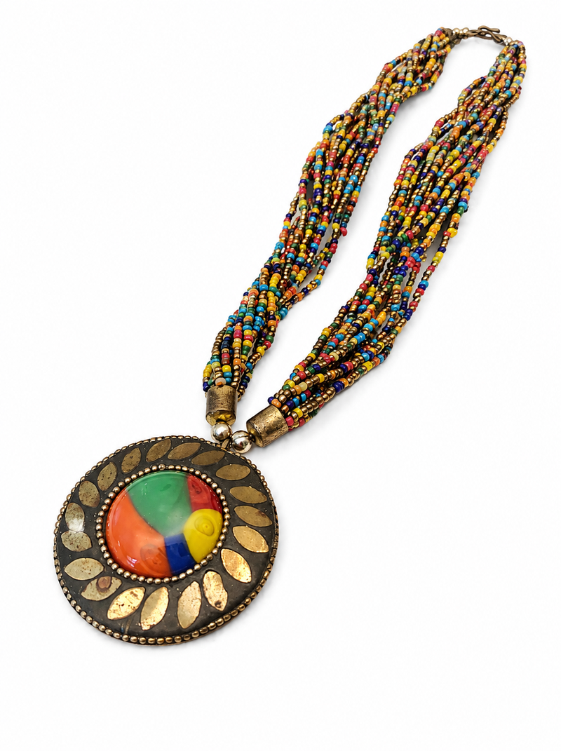 Multicolour multi-strand seed bead necklace with round tribal pendant, boho style