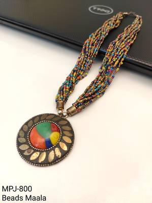 Multicolour multi-strand seed bead necklace with round tribal pendant, boho style 4