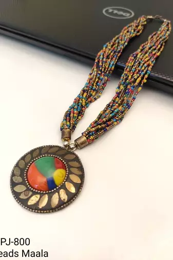 Multicolour multi-strand seed bead necklace with round tribal pendant, boho style