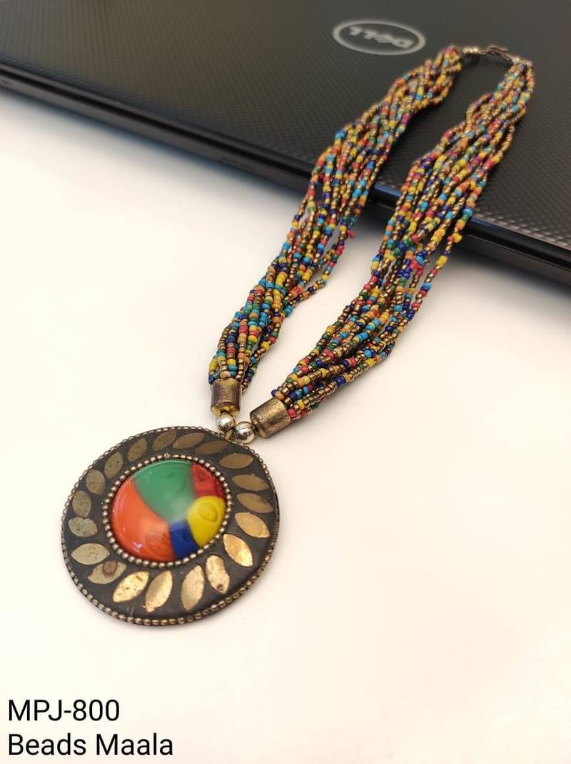 Multicolour multi-strand seed bead necklace with round tribal pendant, boho style
