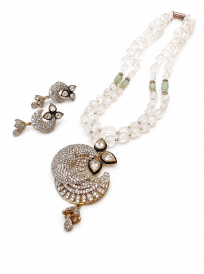 Onyx bead double strand necklace set with kundan peacock pendant and earrings, gold-toned 3