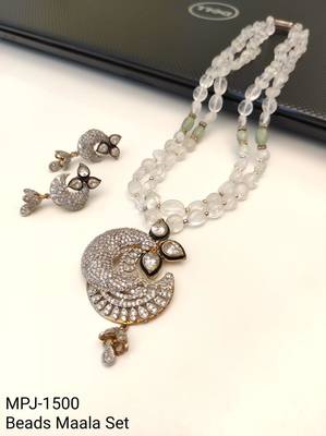Onyx bead double strand necklace set with kundan peacock pendant and earrings, gold-toned 4