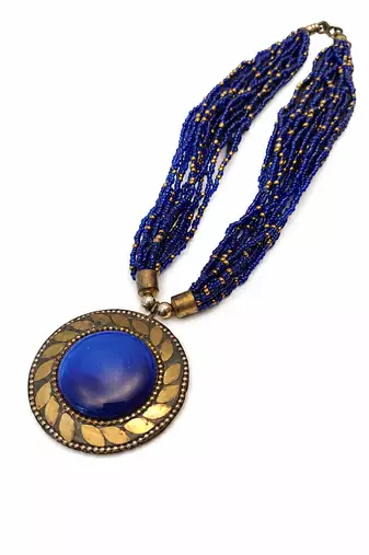 Blue & gold multi-strand beaded necklace with round medallion pendant, boho tribal style