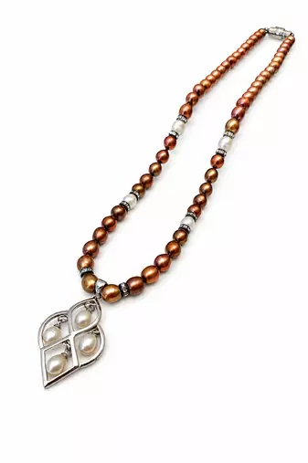 Brown and white pearl beaded necklace with silver geometric pendant, rhinestone accents, magnetic clasp