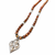 Brown and white pearl beaded necklace with silver geometric pendant, rhinestone accents, magnetic clasp