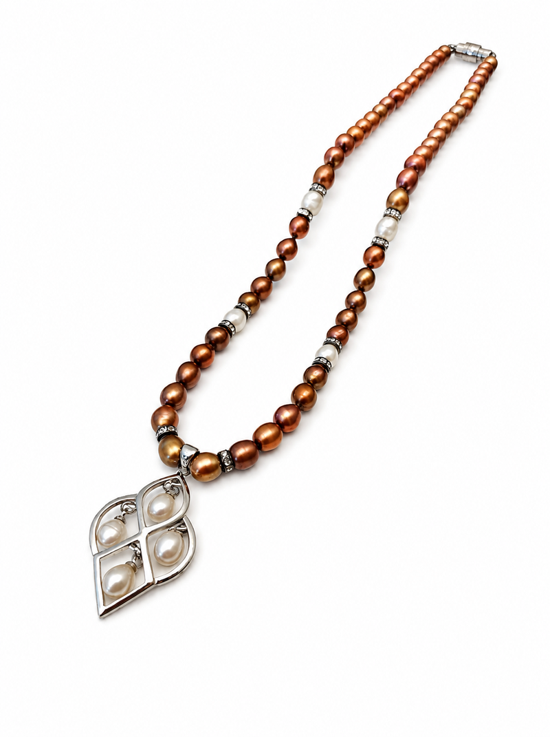 Brown and white pearl beaded necklace with silver geometric pendant, rhinestone accents, magnetic clasp