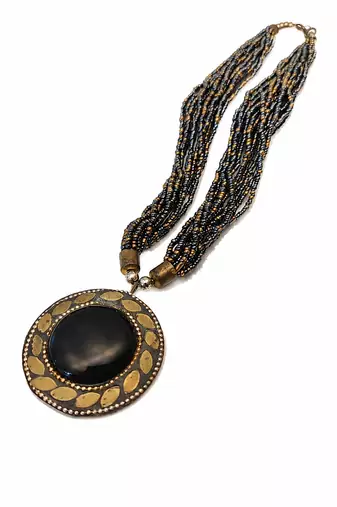 Black & gold multi-strand beaded necklace with round onyx pendant, boho statement jewellery for women