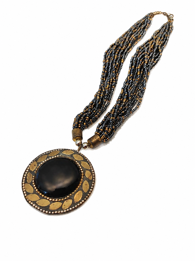 Black & gold multi-strand beaded necklace with round onyx pendant, boho statement jewellery for women