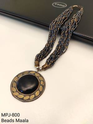 Black & gold multi-strand beaded necklace with round onyx pendant, boho statement jewellery for women 4