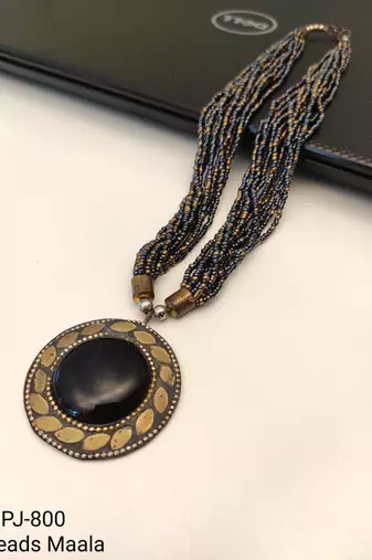 Black & gold multi-strand beaded necklace with round onyx pendant, boho statement jewellery for women