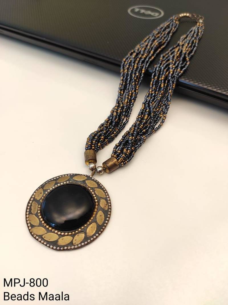 Black & gold multi-strand beaded necklace with round onyx pendant, boho statement jewellery for women